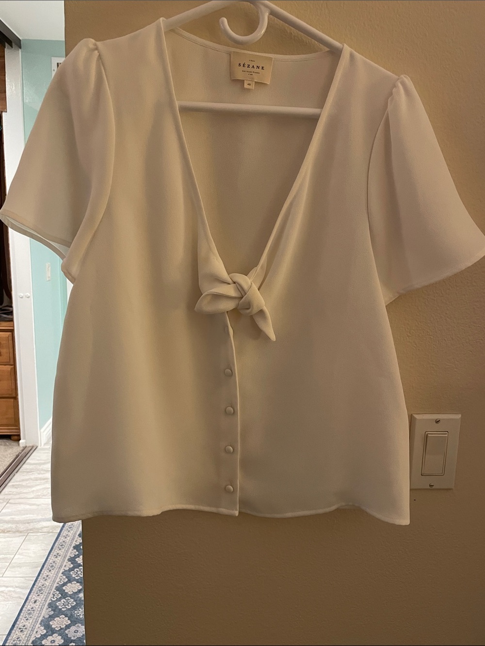 Sezane Ivory Tie-Front V-Neck Blouse